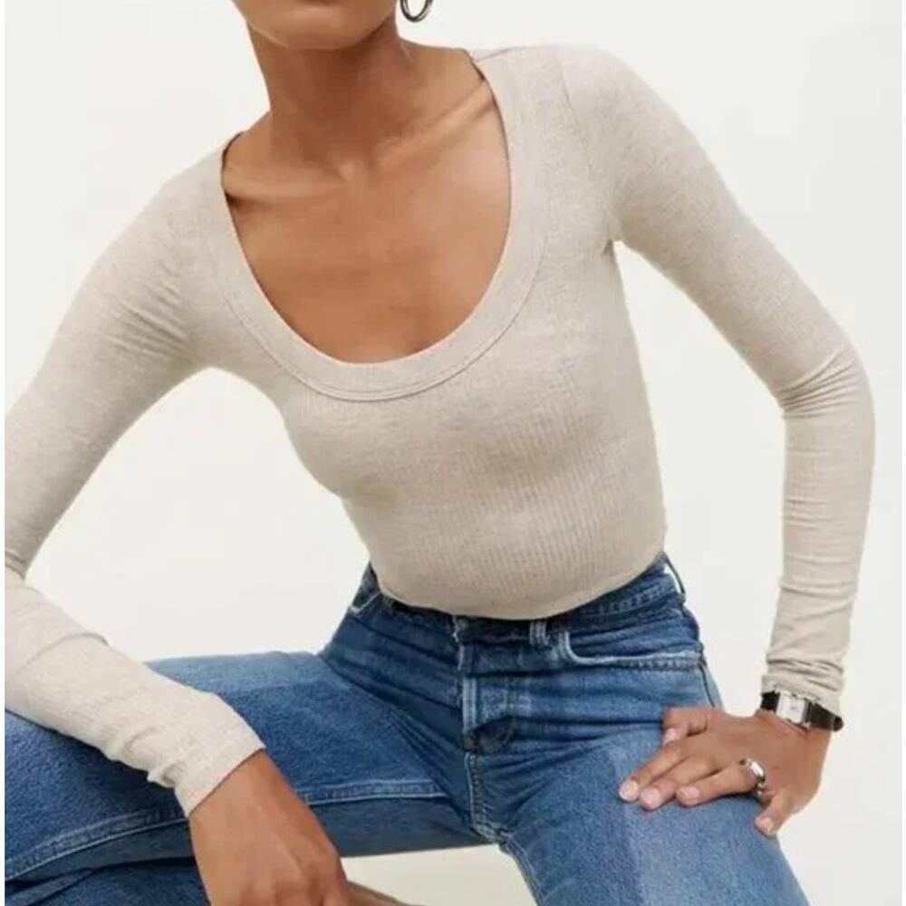 Reformation Paige Ribbed Long Sleeve Crop Top Heather Gray Women's Size Medium